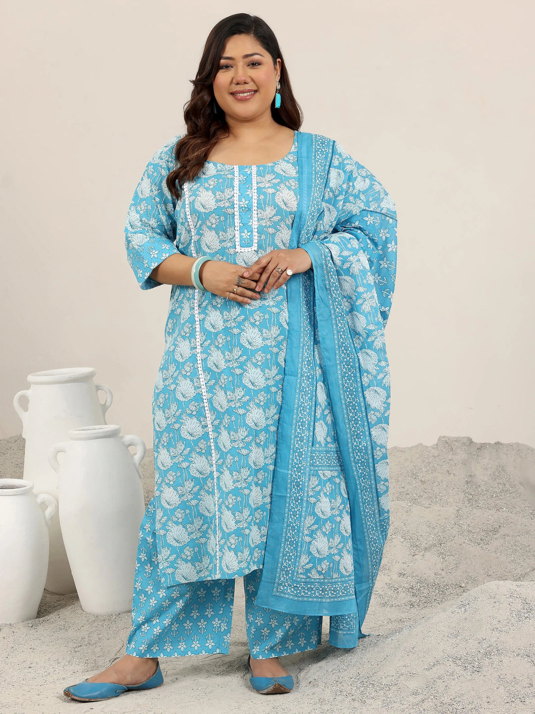  Plus Size Blue Printed Cotton Straight Suit Set With Dupatta 