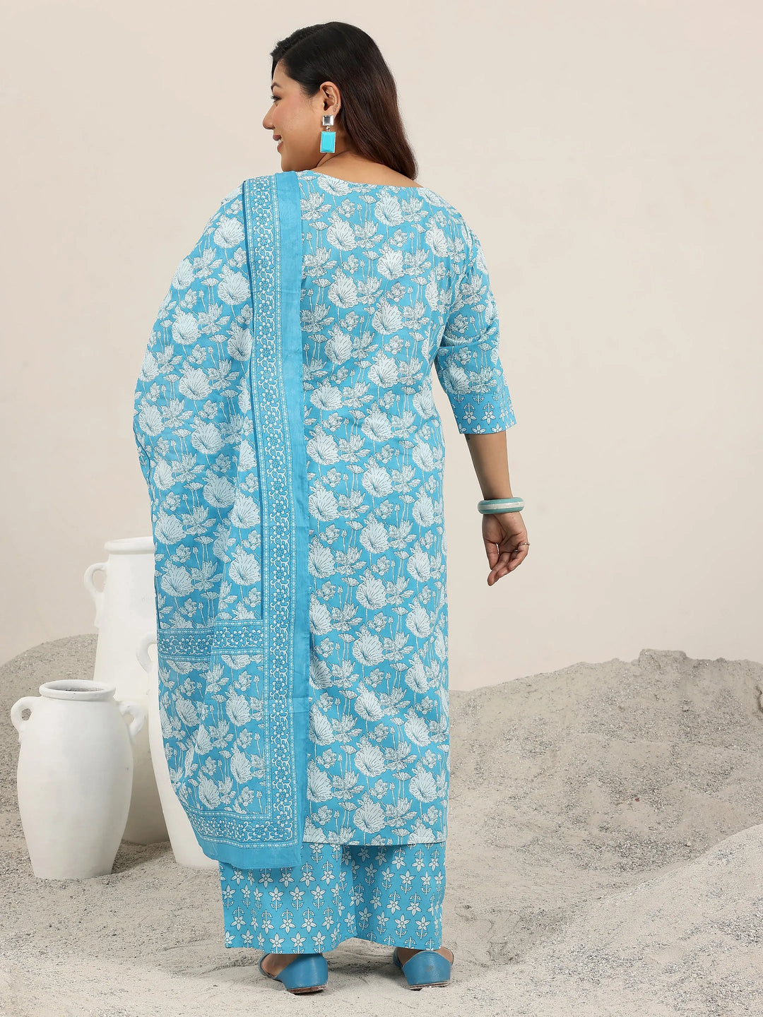  Plus Size Blue Printed Cotton Straight Suit Set With Dupatta 