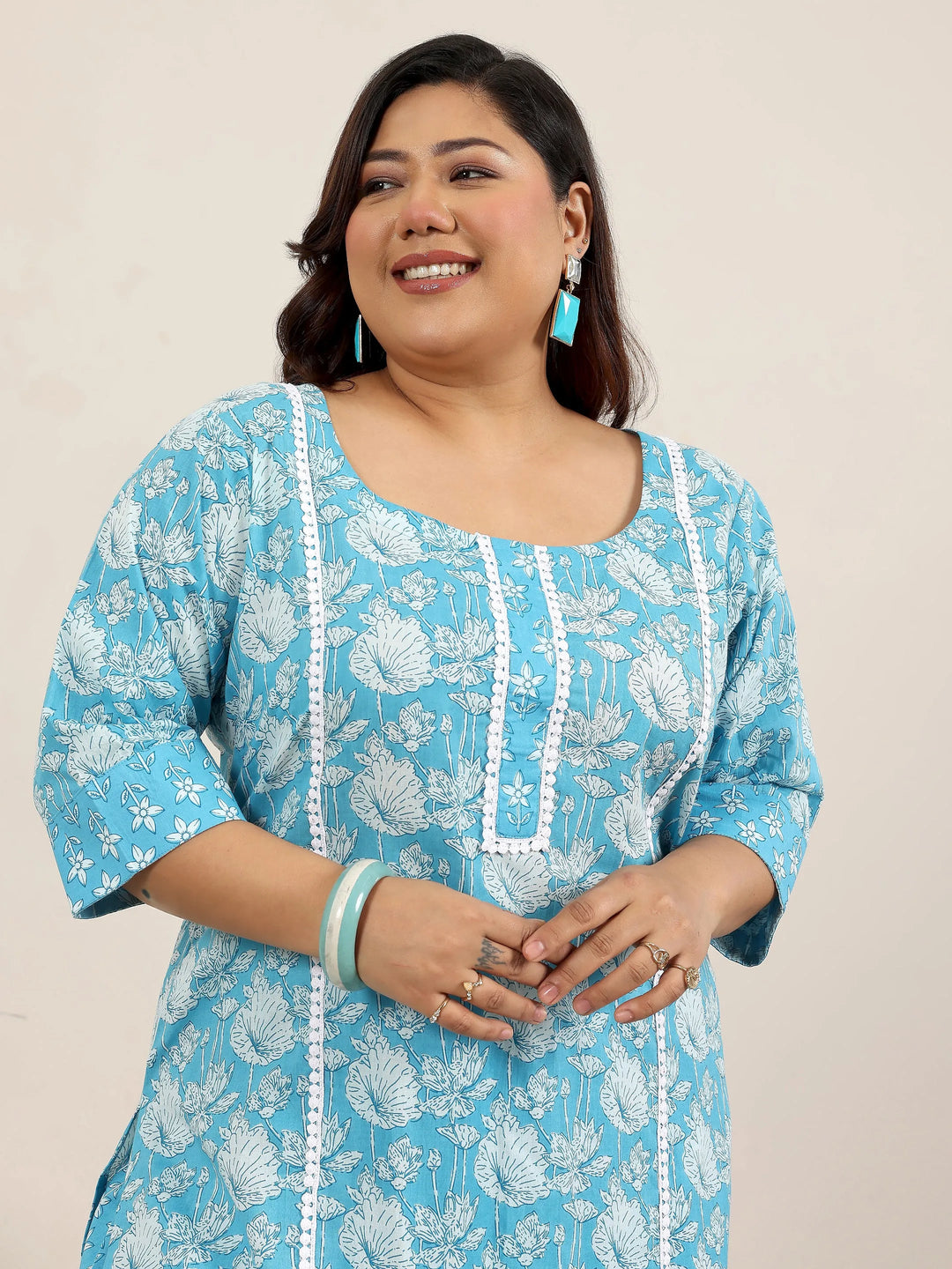  Plus Size Blue Printed Cotton Straight Suit Set With Dupatta 