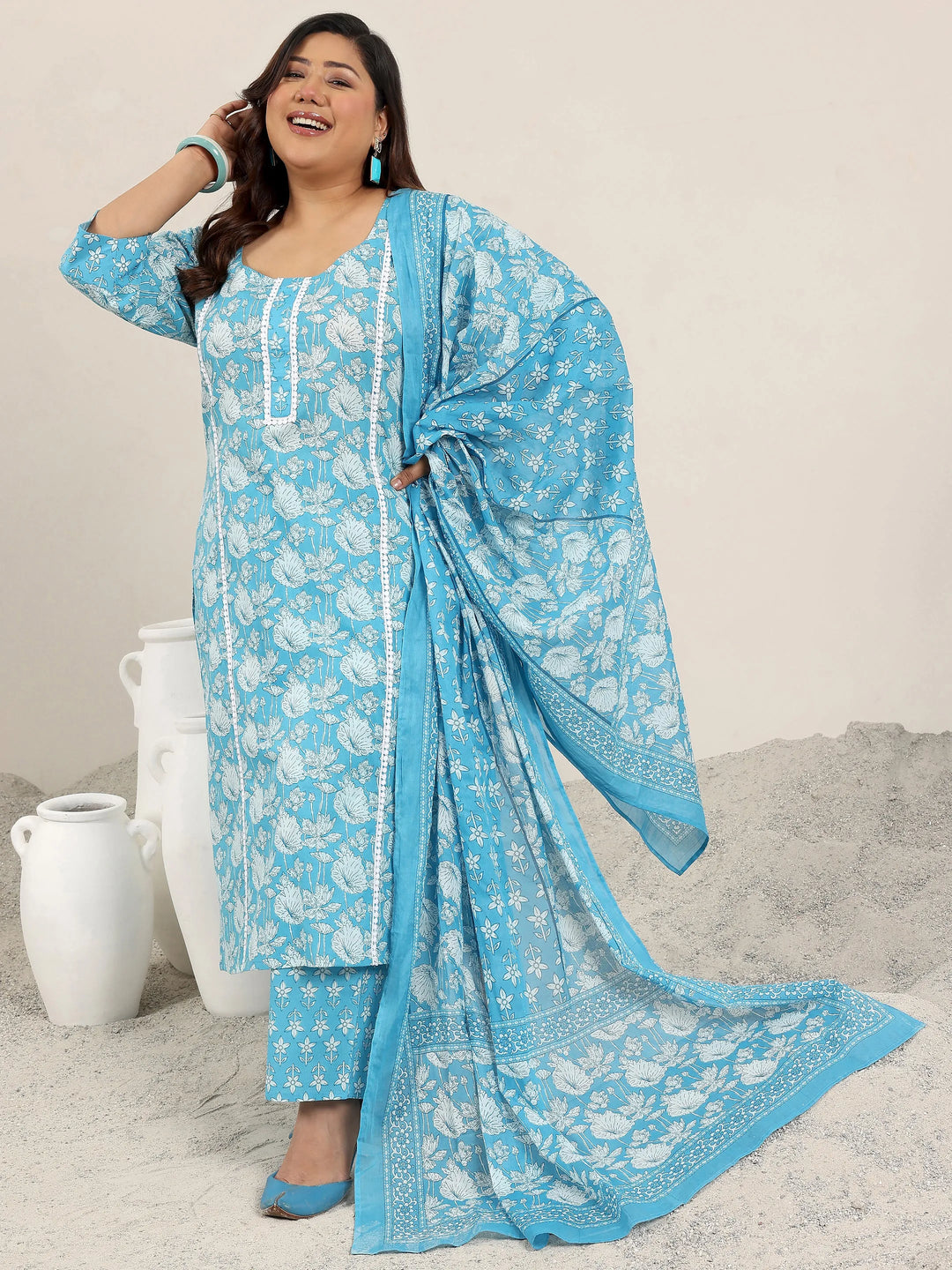  Plus Size Blue Printed Cotton Straight Suit Set With Dupatta 