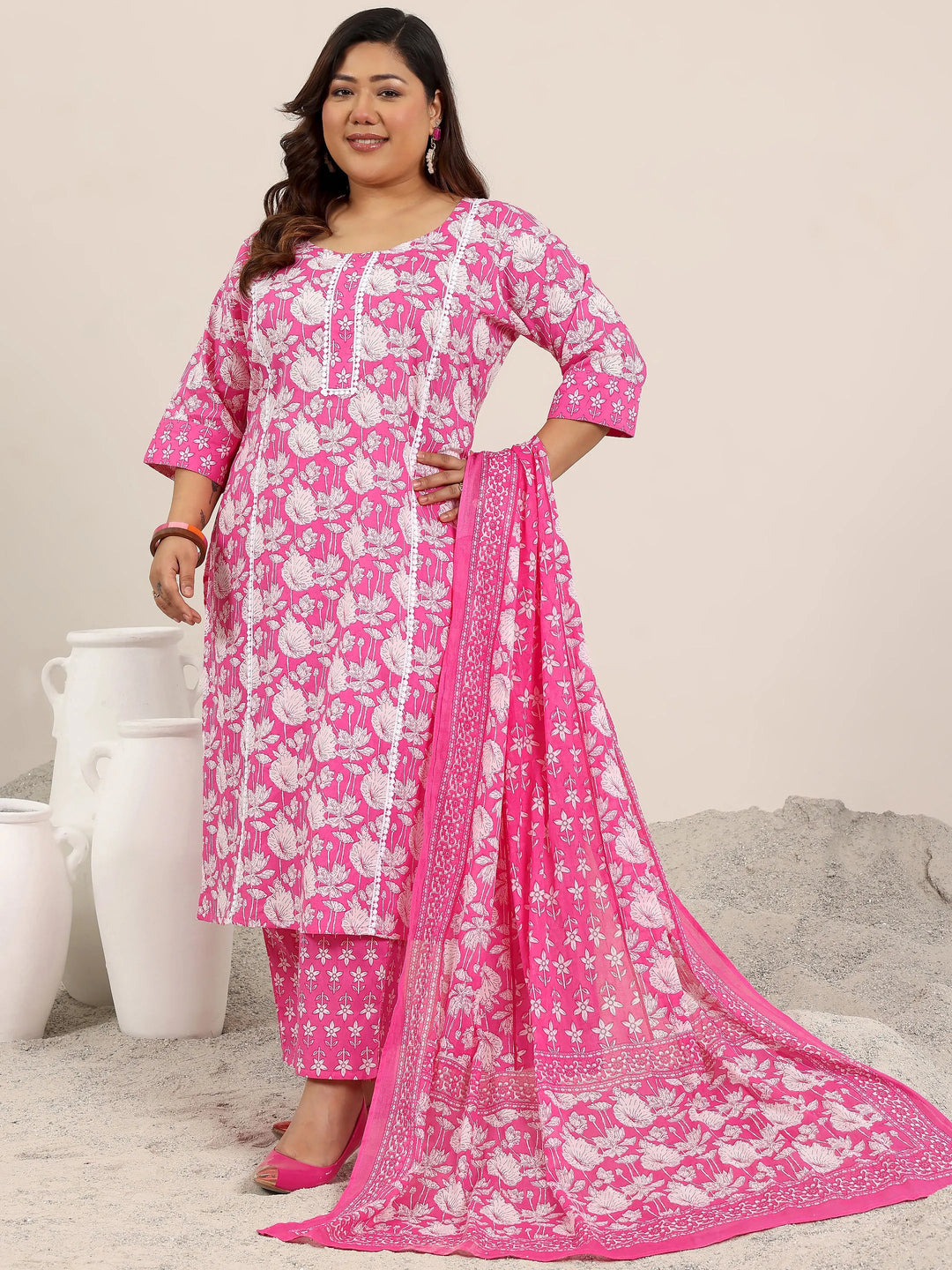  Plus Size Pink Printed Cotton Straight Suit Set With Dupatta 