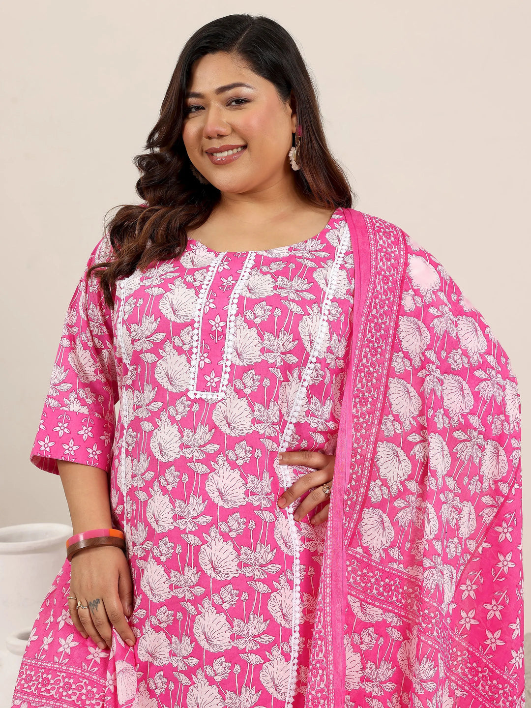  Plus Size Pink Printed Cotton Straight Suit Set With Dupatta 