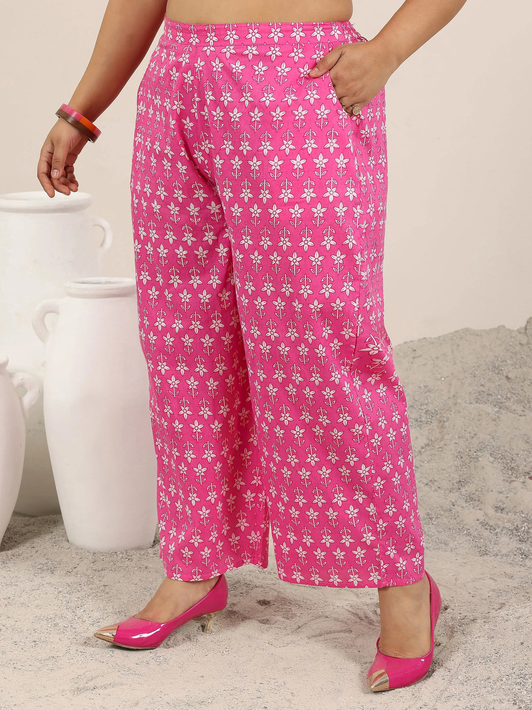  Plus Size Pink Printed Cotton Straight Suit Set With Dupatta 