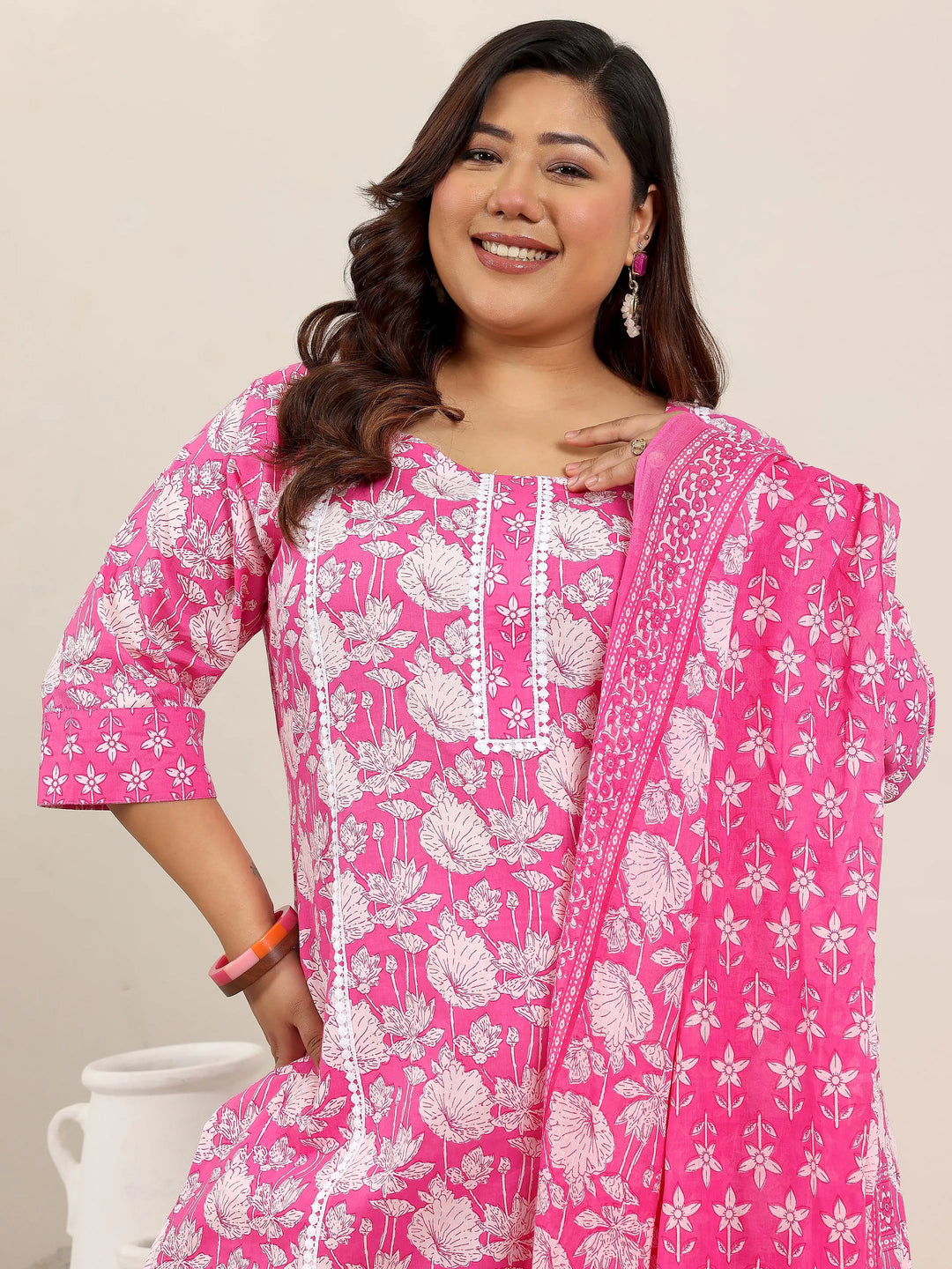  Plus Size Pink Printed Cotton Straight Suit Set With Dupatta 