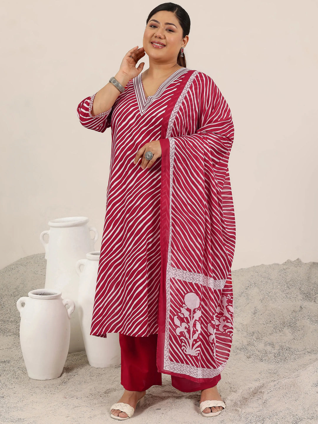  Plus Size Red Printed Cotton Straight Suit Set With Dupatta 