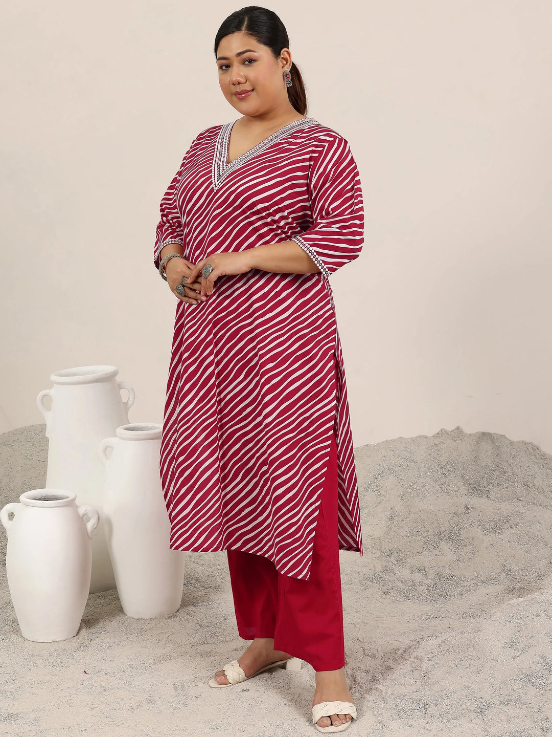  Plus Size Red Printed Cotton Straight Suit Set With Dupatta 