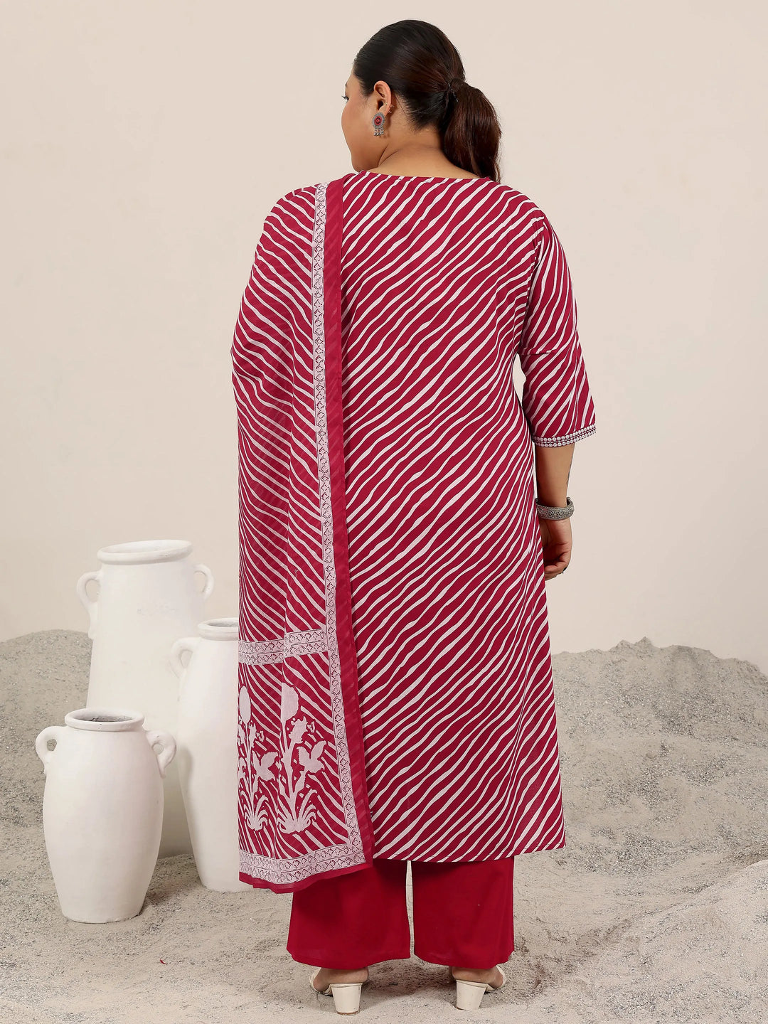  Plus Size Red Printed Cotton Straight Suit Set With Dupatta 