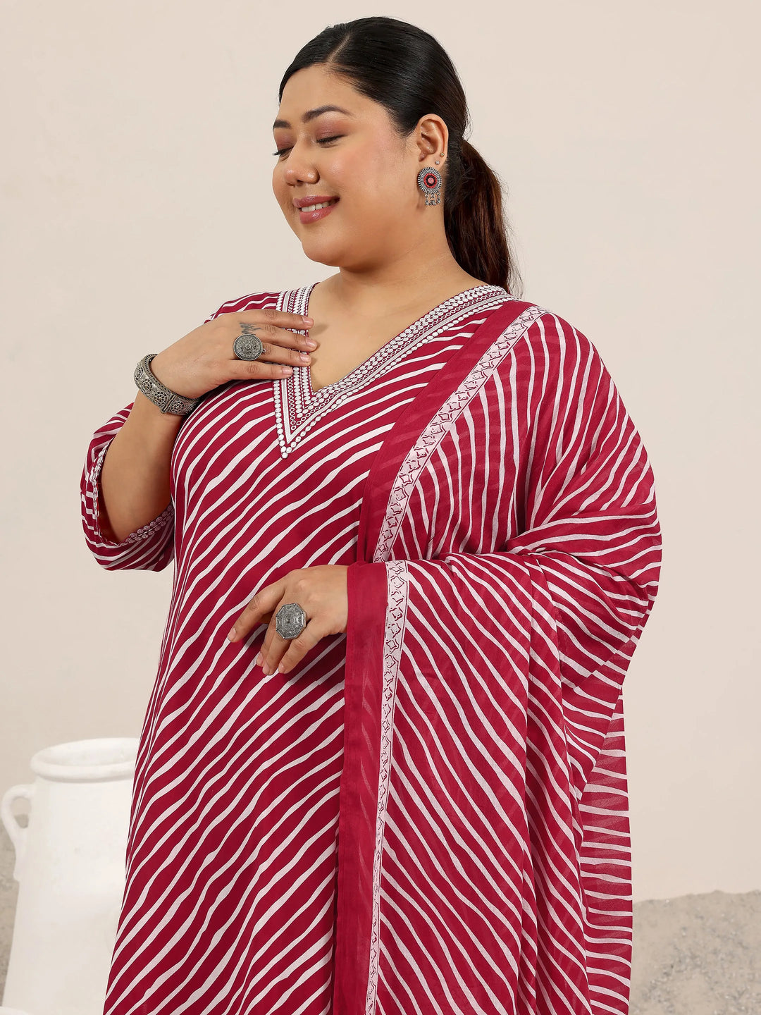  Plus Size Red Printed Cotton Straight Suit Set With Dupatta 