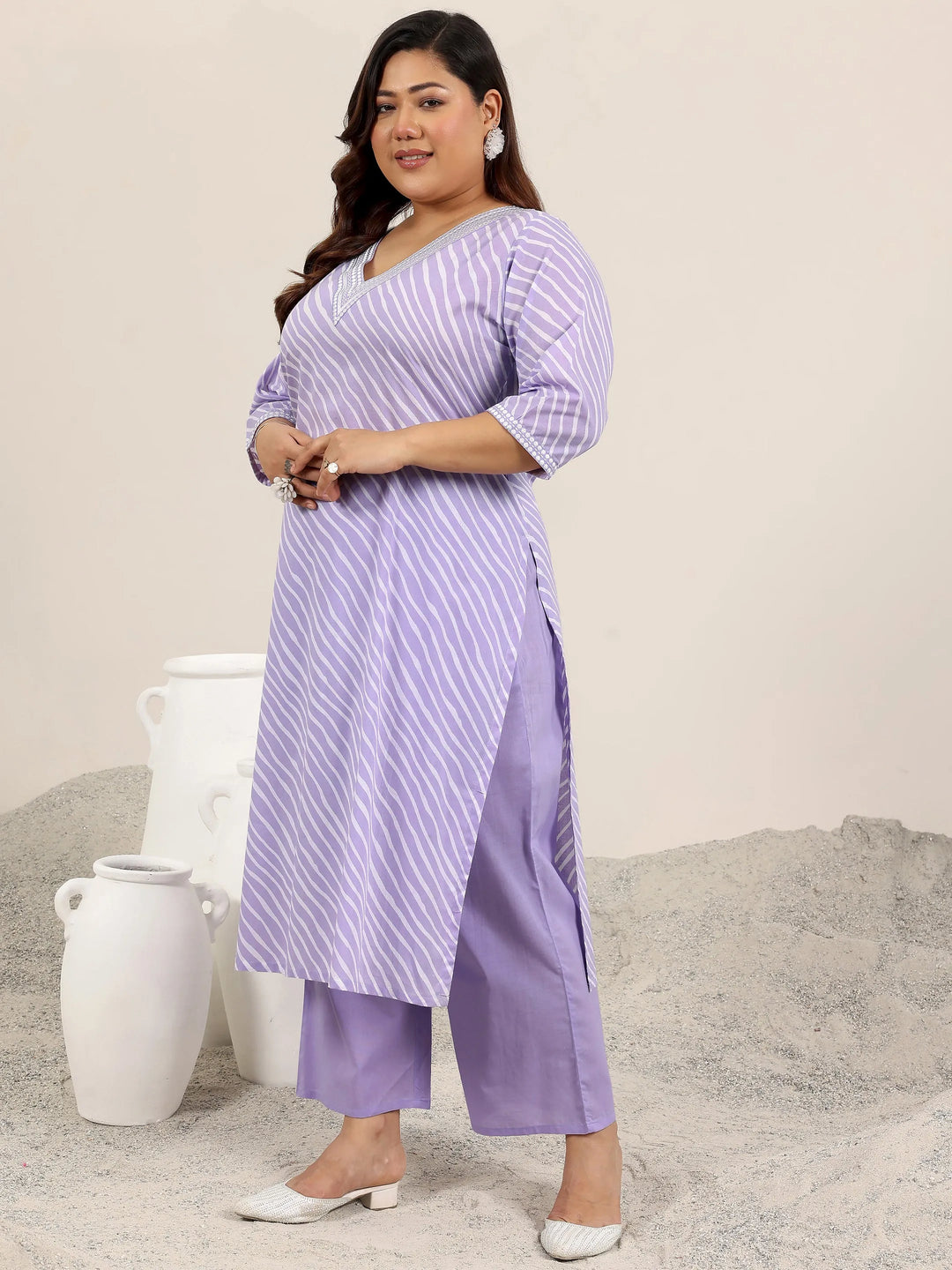  Plus Size Lavender Printed Cotton Straight Suit Set With Dupatta 