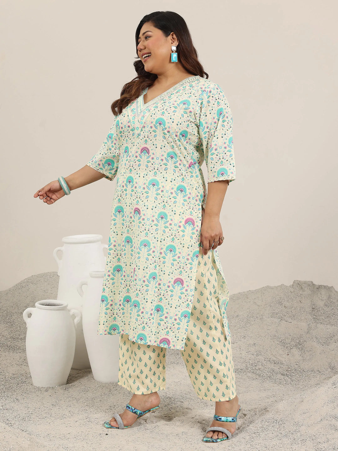  Plus Size Off White Printed Cotton Straight Suit Set With Dupatta 