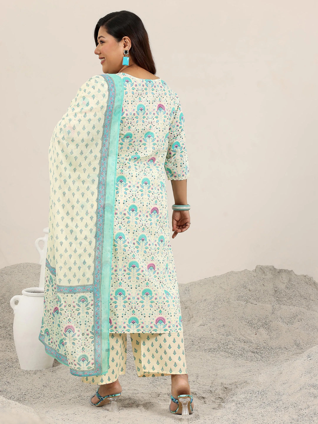  Plus Size Off White Printed Cotton Straight Suit Set With Dupatta 