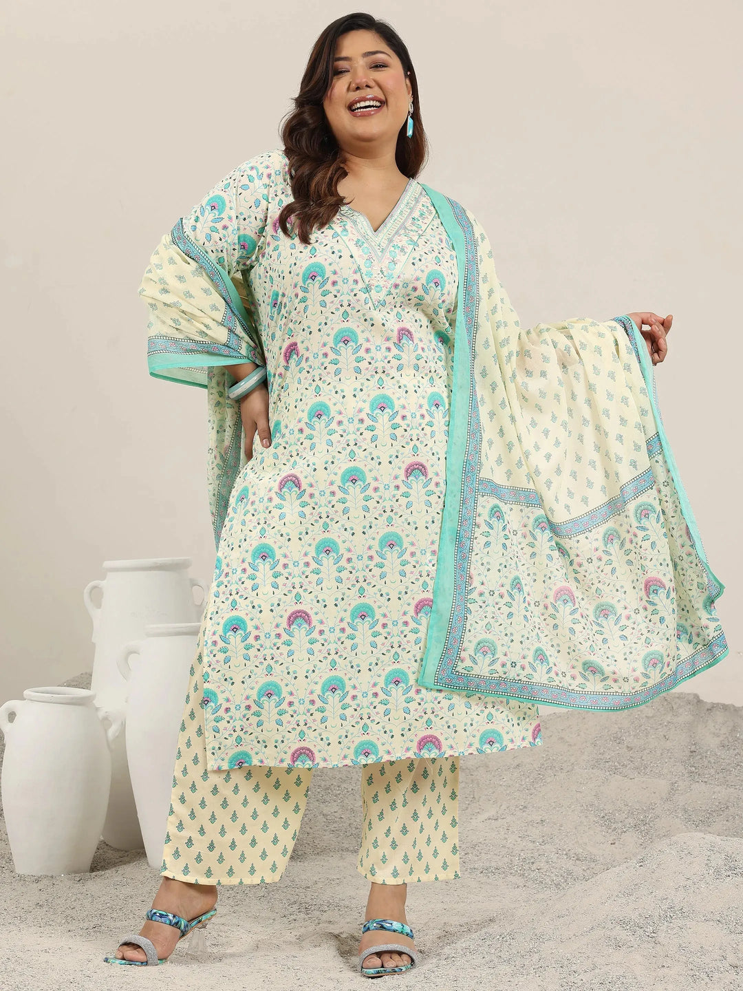  Plus Size Off White Printed Cotton Straight Suit Set With Dupatta 