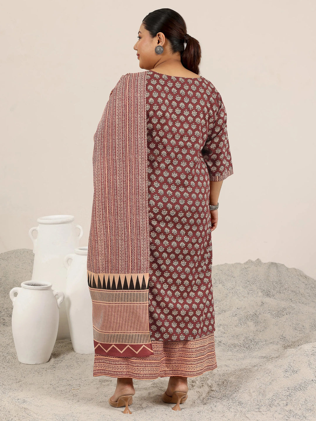  Plus Size Maroon Printed Cotton Straight Suit Set With Dupatta 