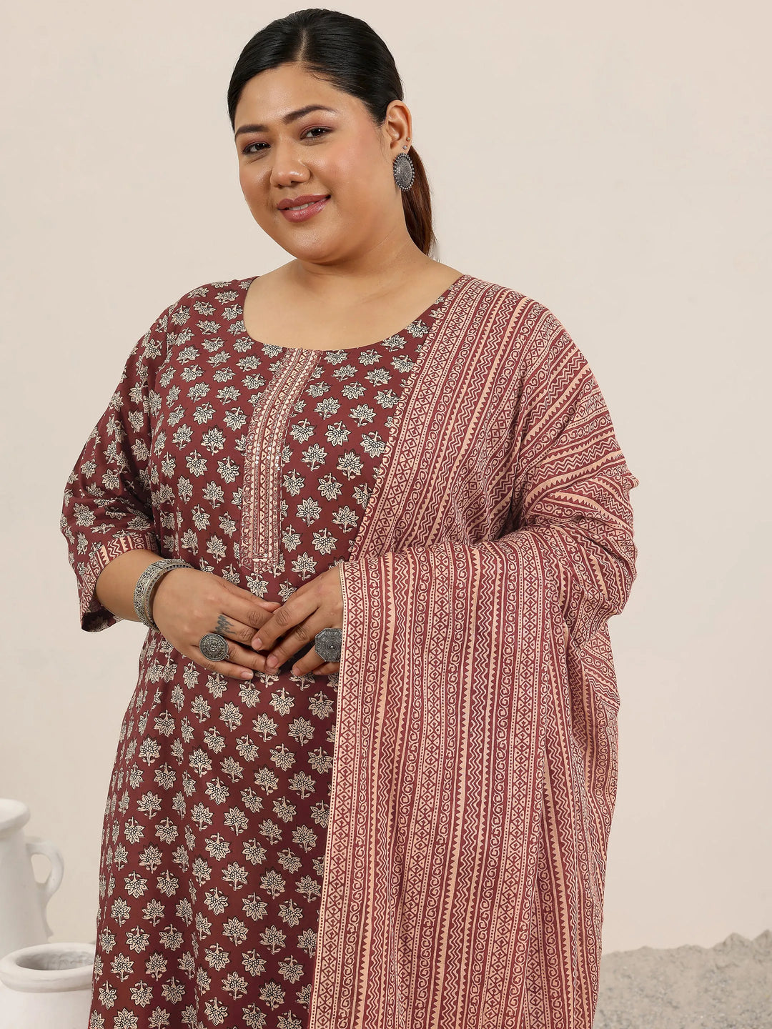  Plus Size Maroon Printed Cotton Straight Suit Set With Dupatta 