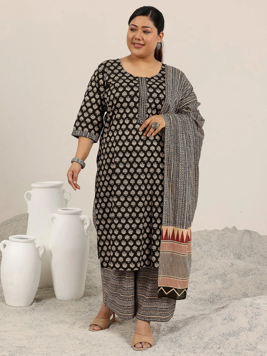  Plus Size Black Printed Cotton Straight Suit Set With Dupatta 