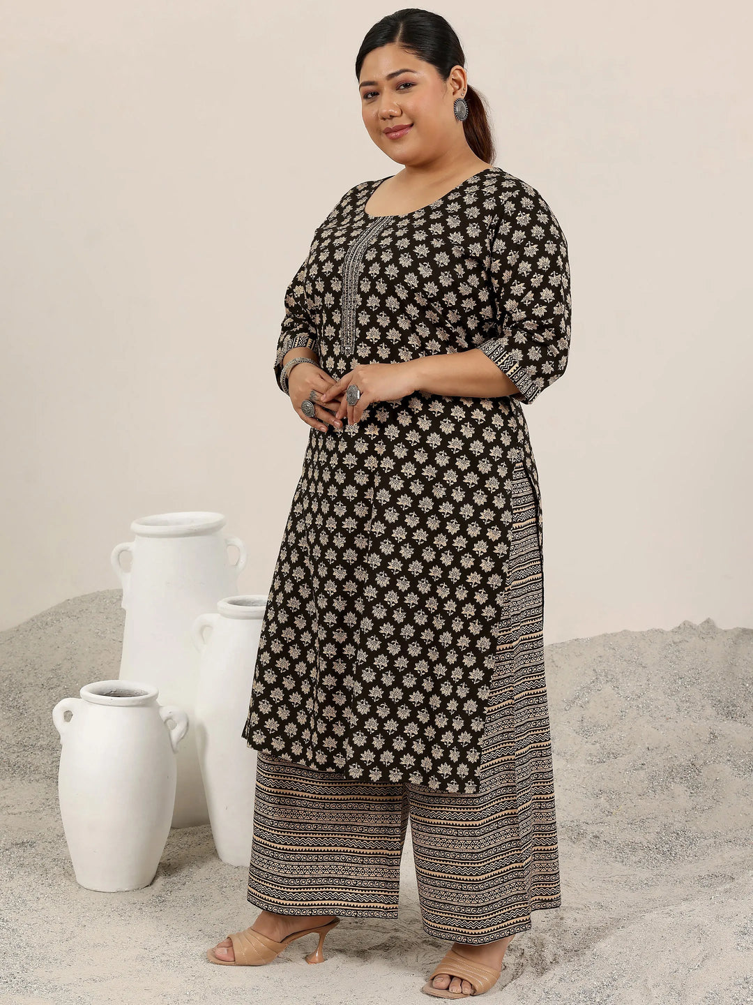  Plus Size Black Printed Cotton Straight Suit Set With Dupatta 