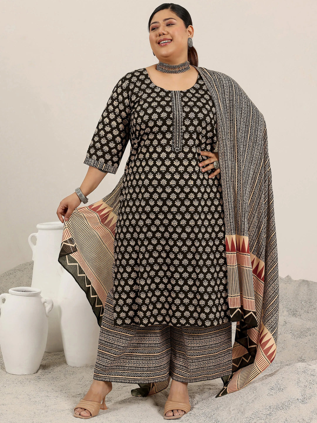  Plus Size Black Printed Cotton Straight Suit Set With Dupatta 