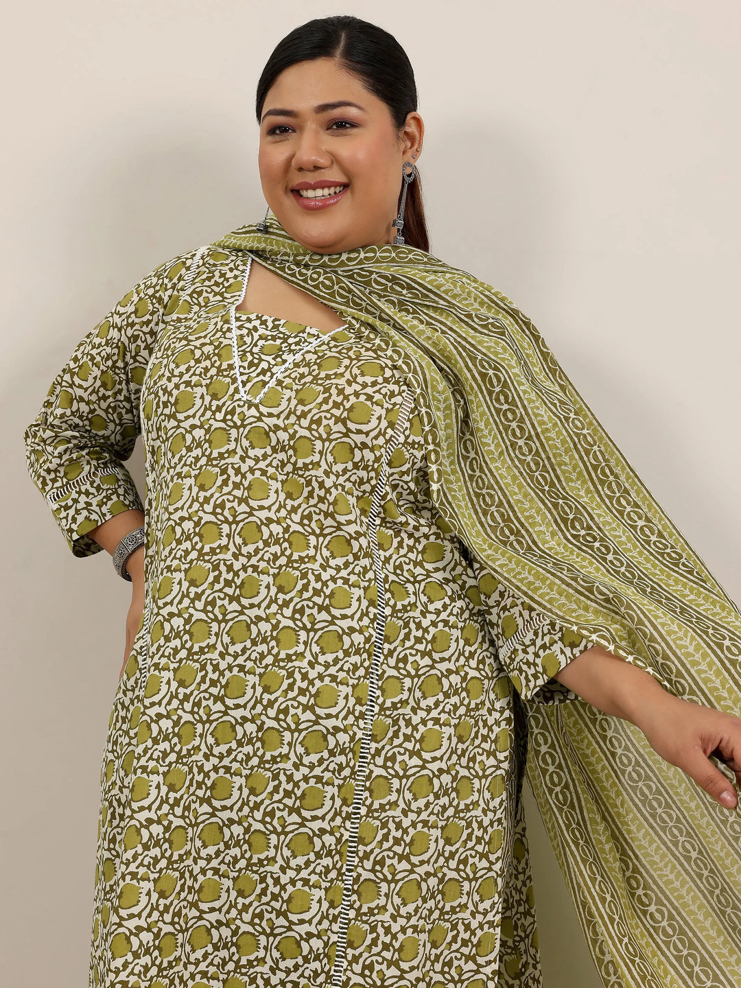  Plus Size Green Printed Cotton Straight Suit Set With Dupatta 