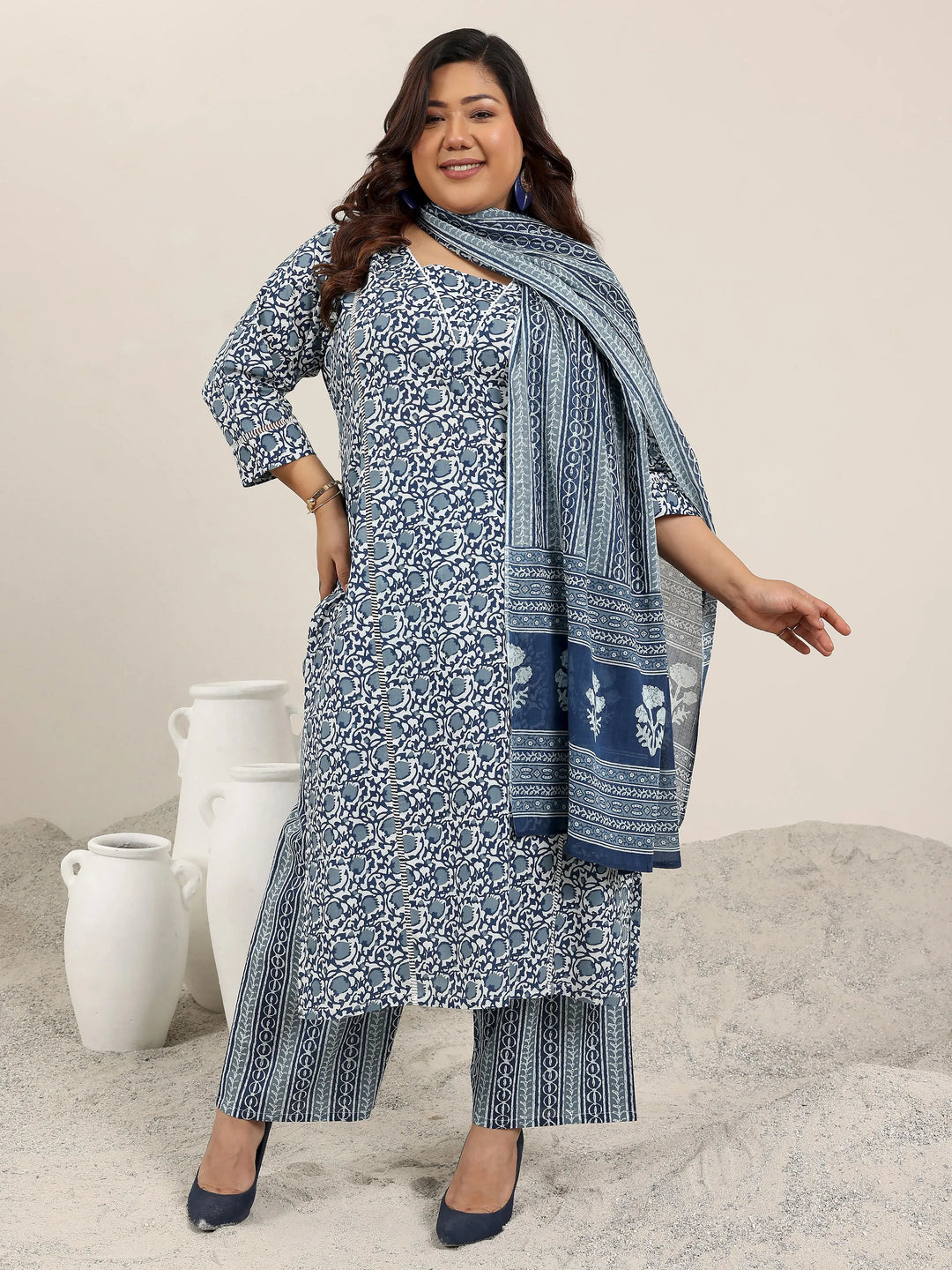 Plus Size Blue Printed Cotton Straight Suit Set With Dupatta