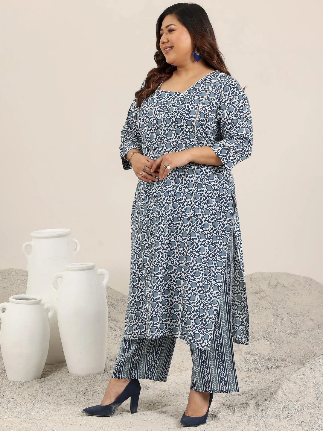  Plus Size Blue Printed Cotton Straight Suit Set With Dupatta 