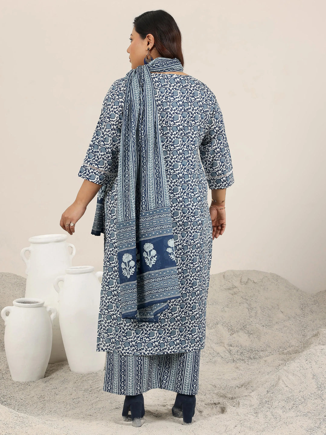  Plus Size Blue Printed Cotton Straight Suit Set With Dupatta 