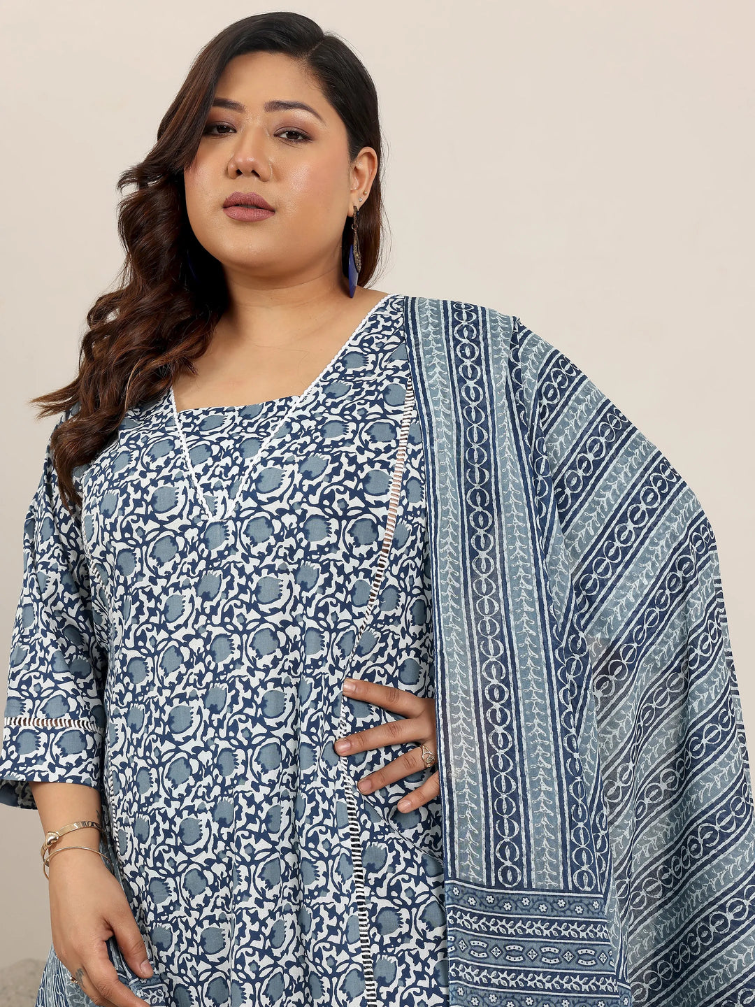  Plus Size Blue Printed Cotton Straight Suit Set With Dupatta 