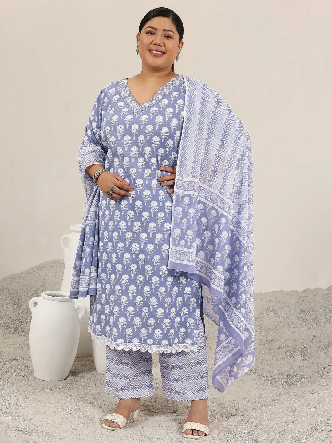  Plus Size Lavender Printed Cotton Straight Suit Set With Dupatta 