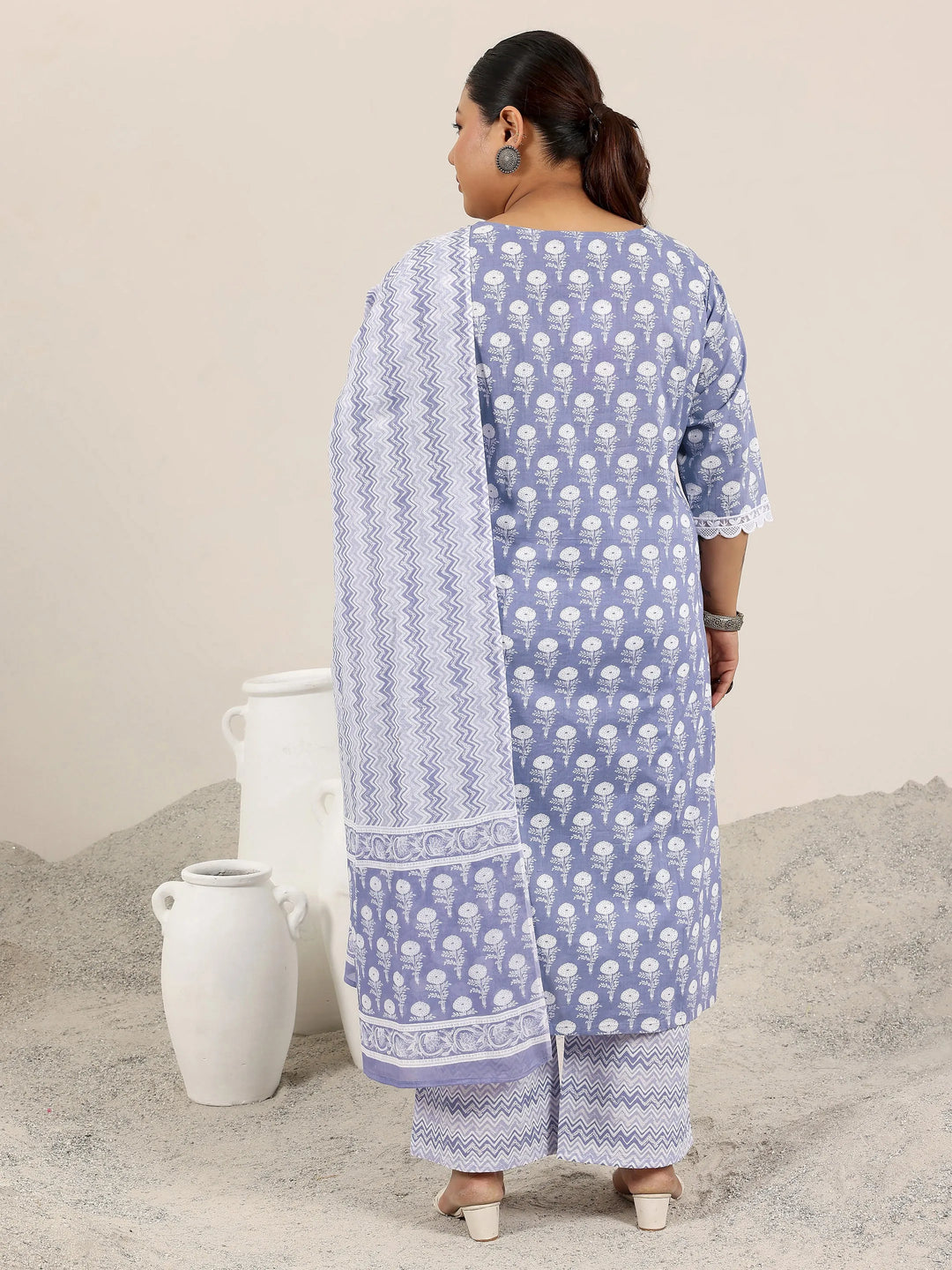  Plus Size Lavender Printed Cotton Straight Suit Set With Dupatta 