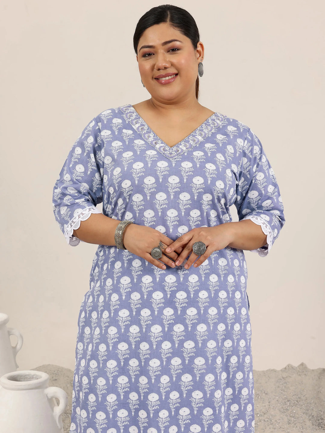  Plus Size Lavender Printed Cotton Straight Suit Set With Dupatta 