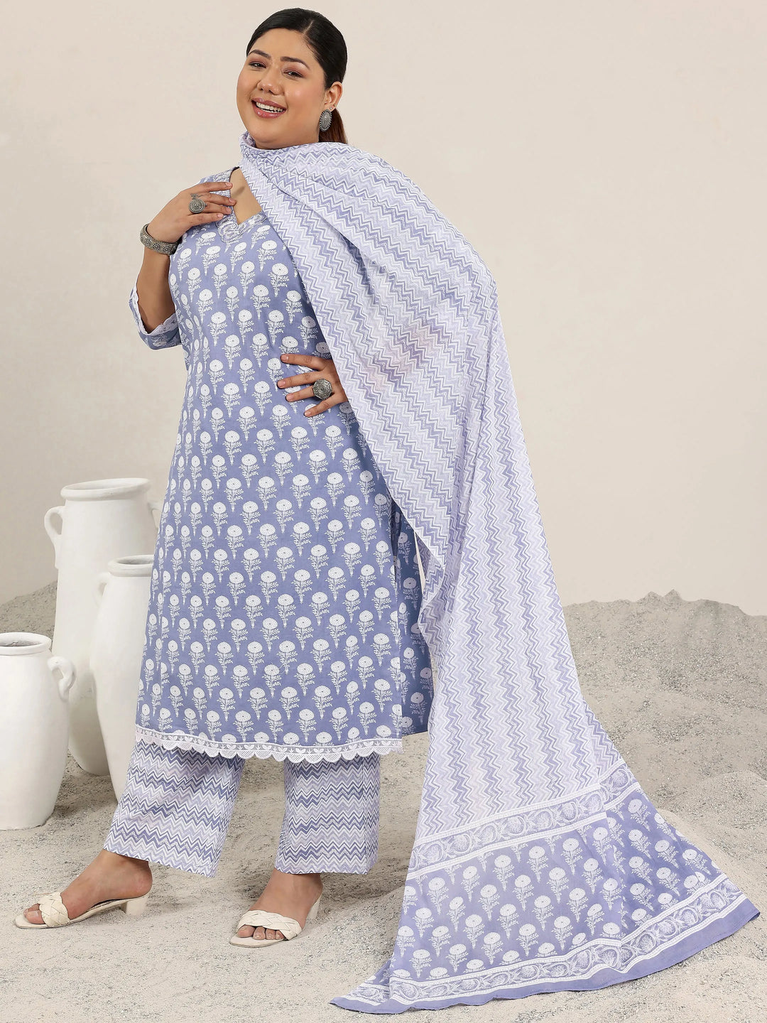 Plus Size Lavender Printed Cotton Straight Suit Set With Dupatta