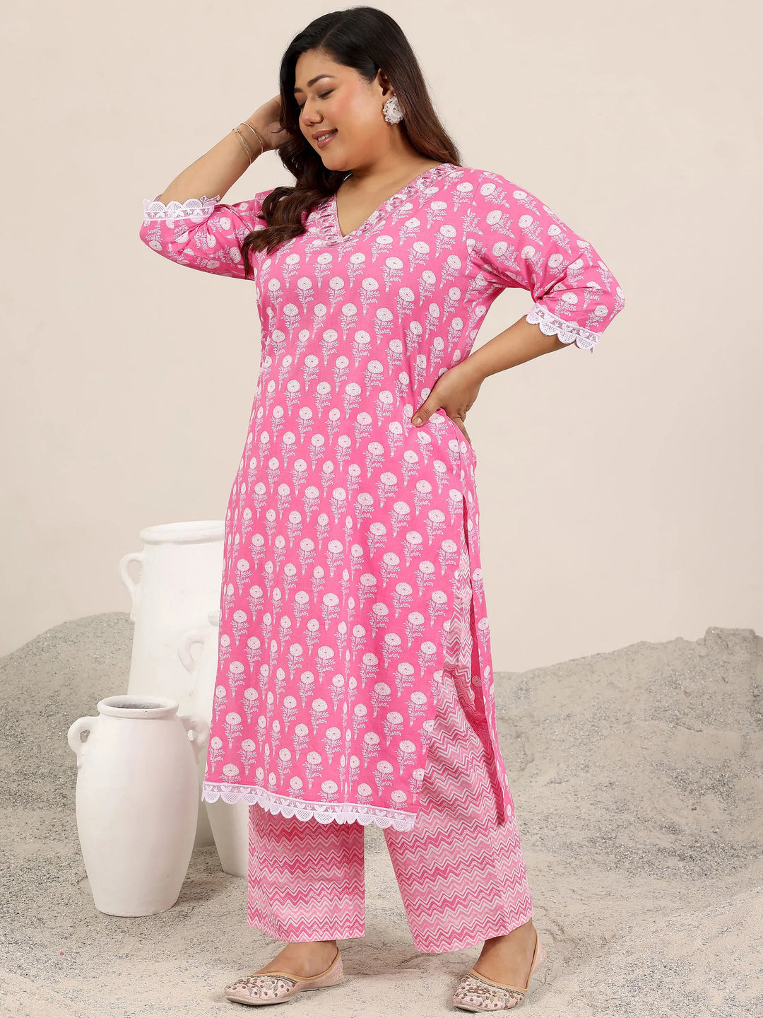  Plus Size Pink Printed Cotton Straight Suit Set With Dupatta 