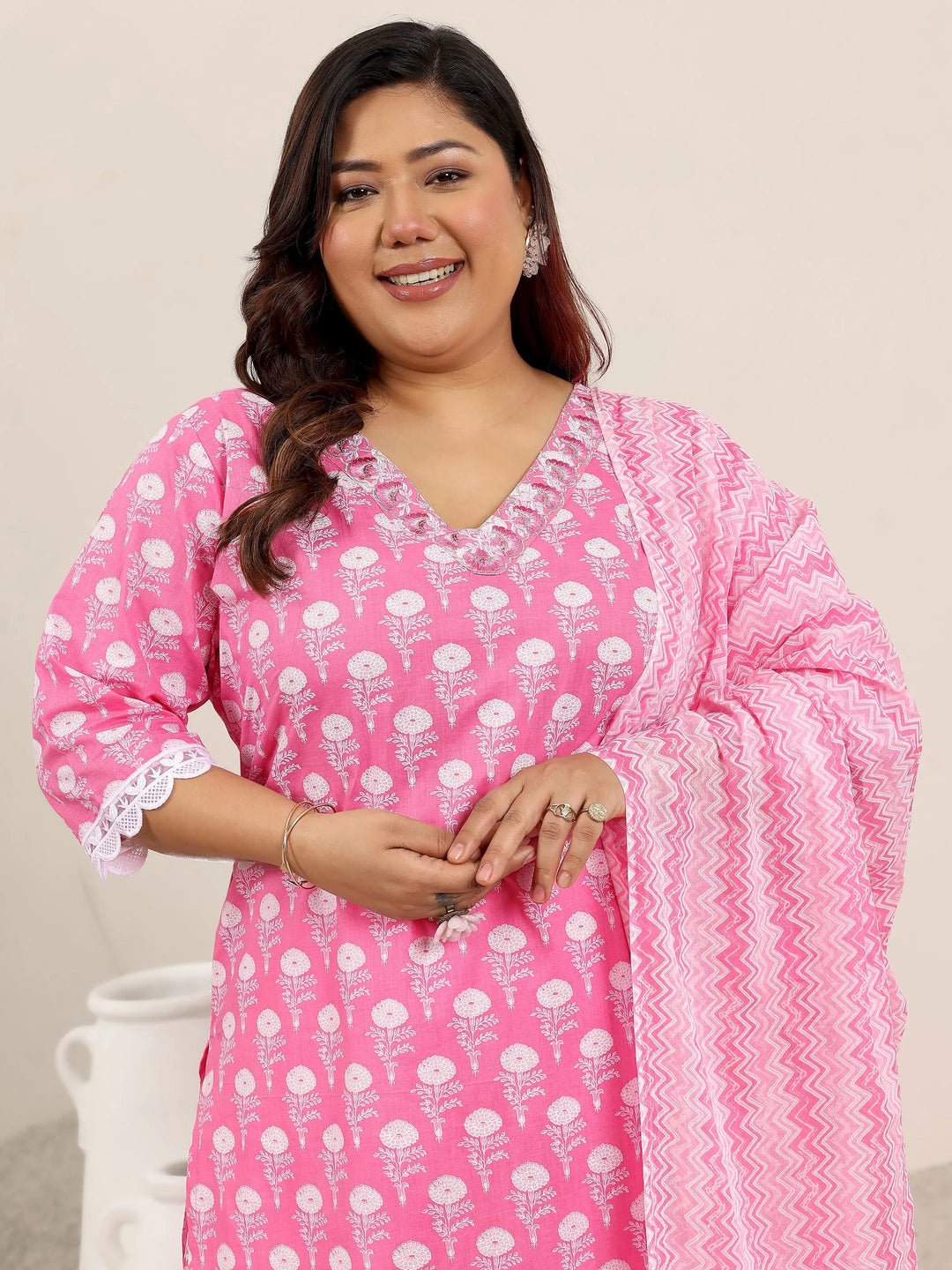  Plus Size Pink Printed Cotton Straight Suit Set With Dupatta 