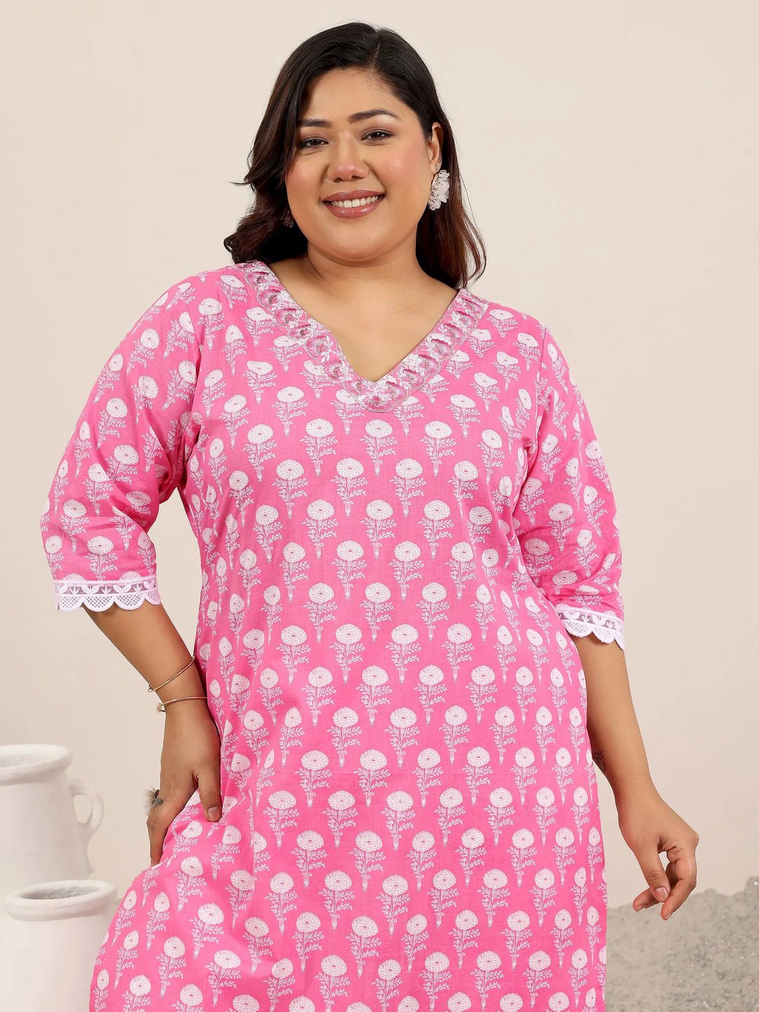  Plus Size Pink Printed Cotton Straight Suit Set With Dupatta 