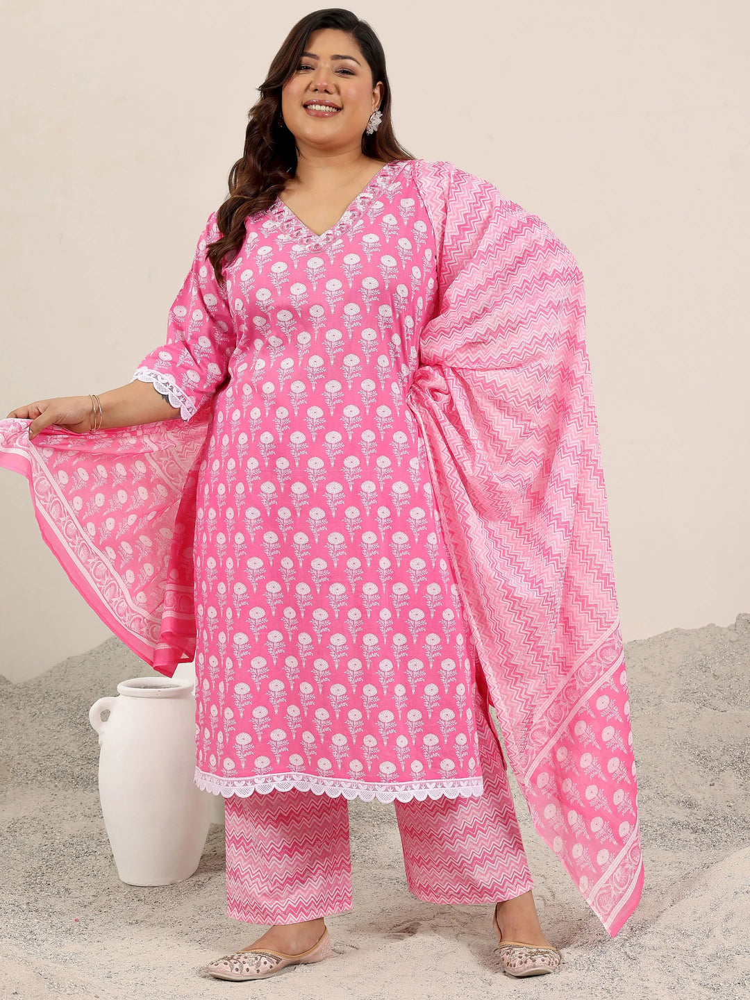  Plus Size Pink Printed Cotton Straight Suit Set With Dupatta 