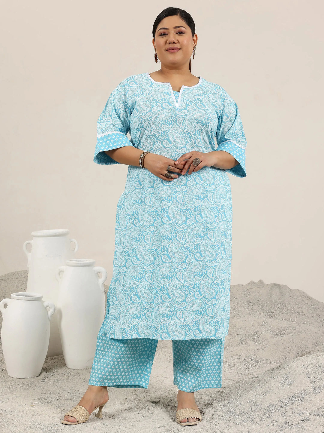  Plus Size Blue Printed Cotton Straight Kurta Set 