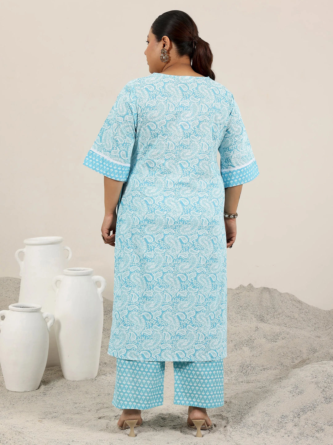  Plus Size Blue Printed Cotton Straight Kurta Set 