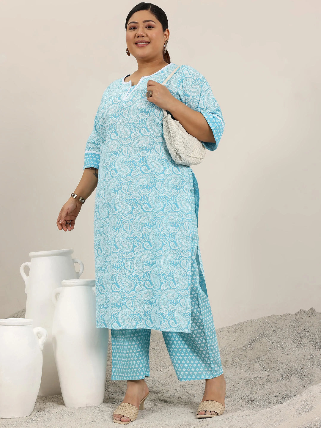  Plus Size Blue Printed Cotton Straight Kurta Set 