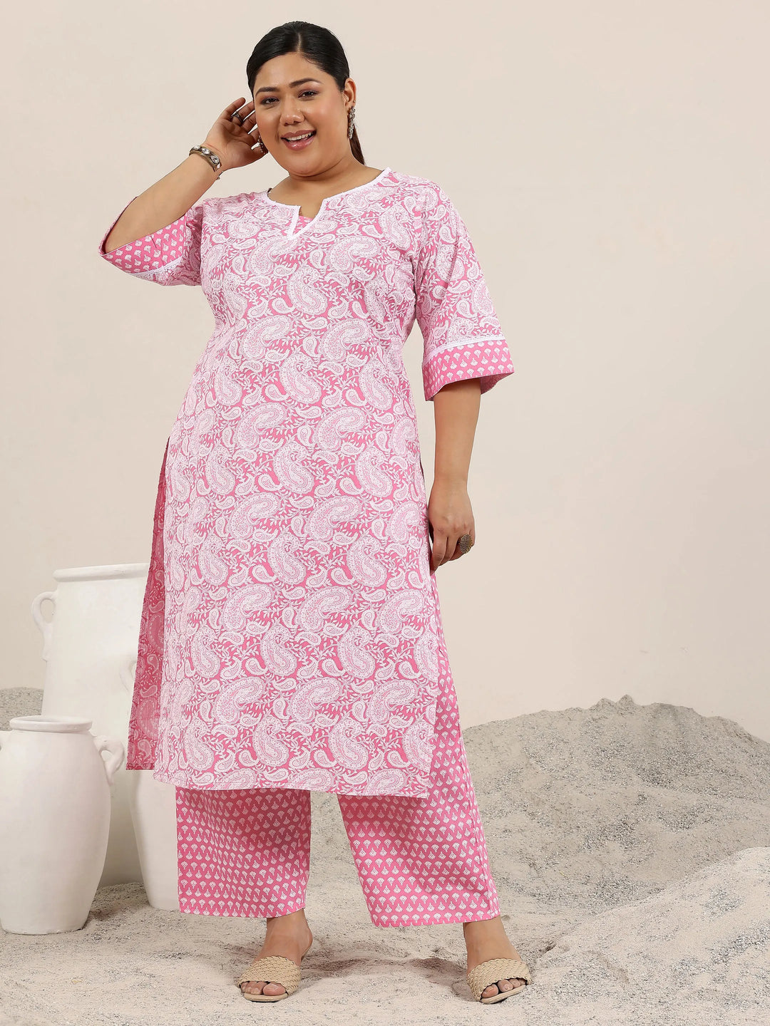  Plus Size Pink Printed Cotton Straight Kurta Set 