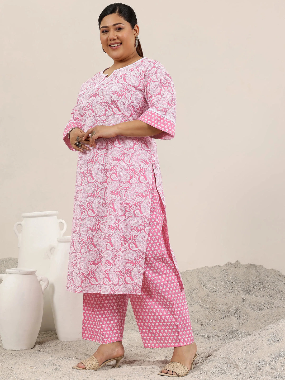  Plus Size Pink Printed Cotton Straight Kurta Set 