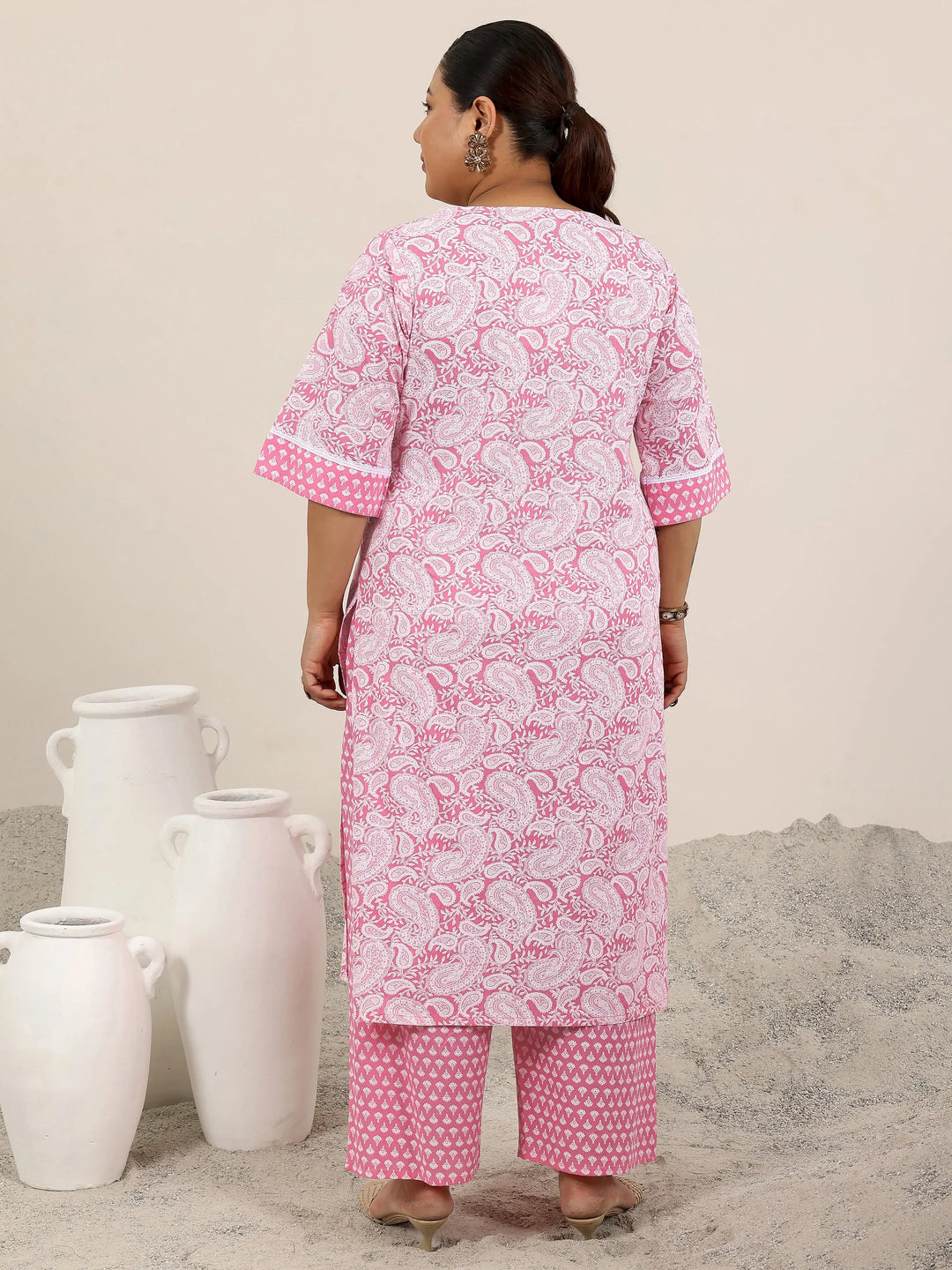  Plus Size Pink Printed Cotton Straight Kurta Set 