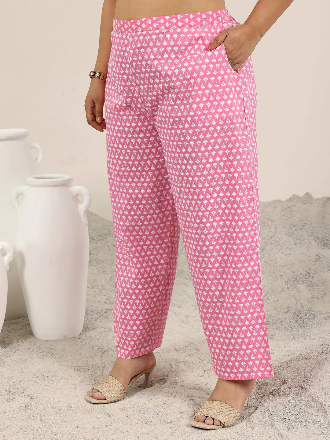  Plus Size Pink Printed Cotton Straight Kurta Set 