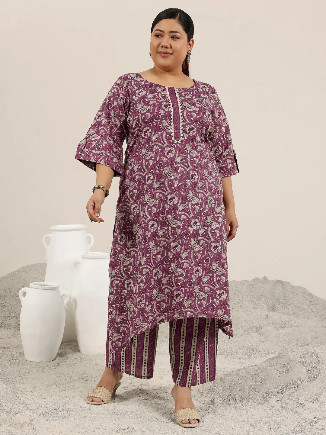  Plus Size Mauve Printed Cotton Straight Kurta Set 