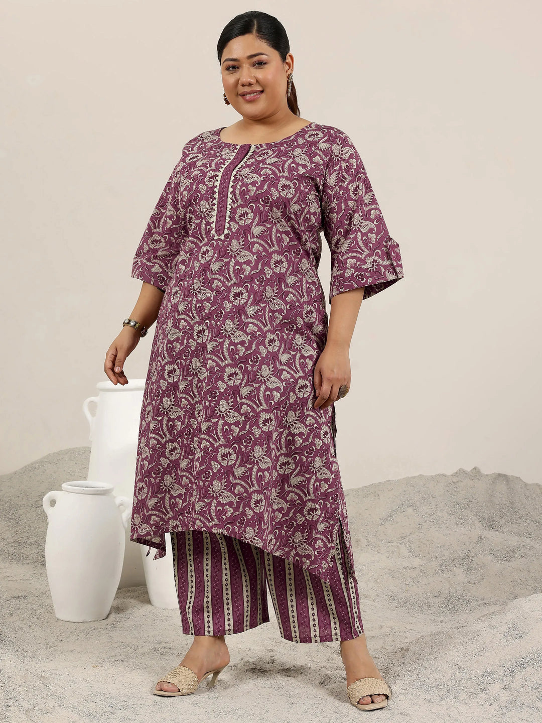  Plus Size Mauve Printed Cotton Straight Kurta Set 