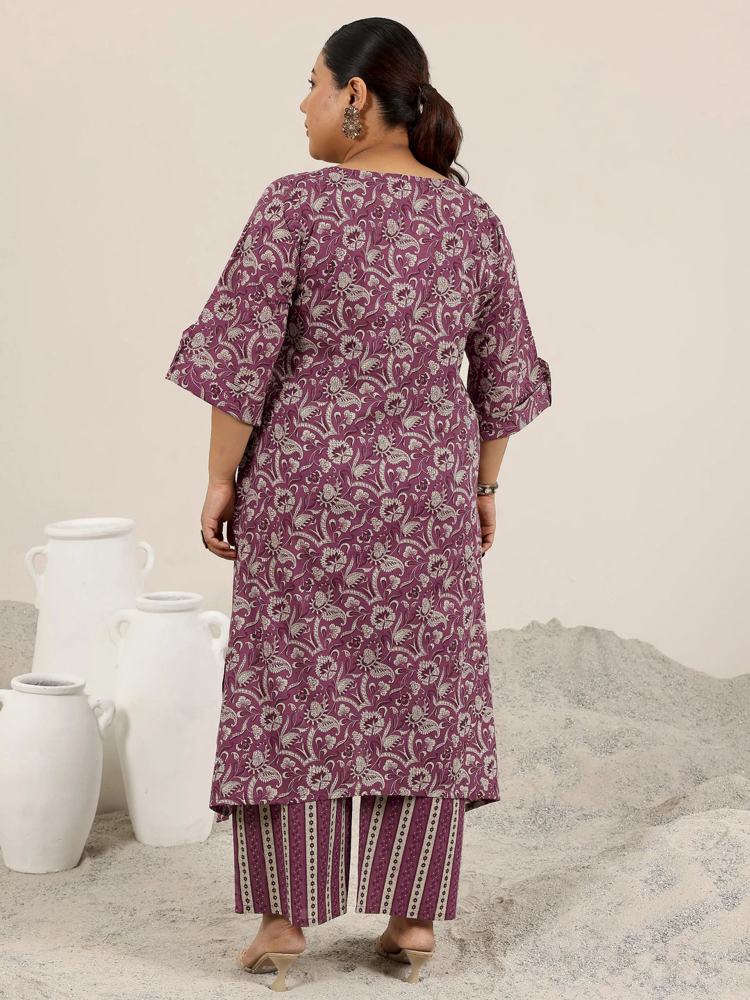  Plus Size Mauve Printed Cotton Straight Kurta Set 