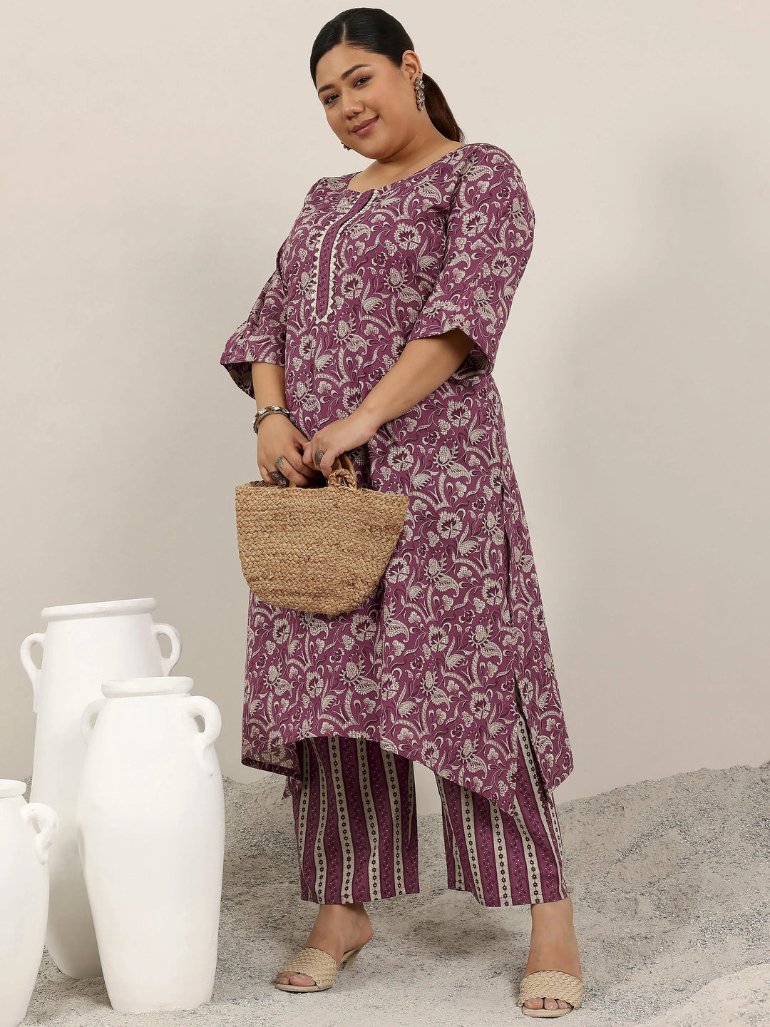  Plus Size Mauve Printed Cotton Straight Kurta Set 