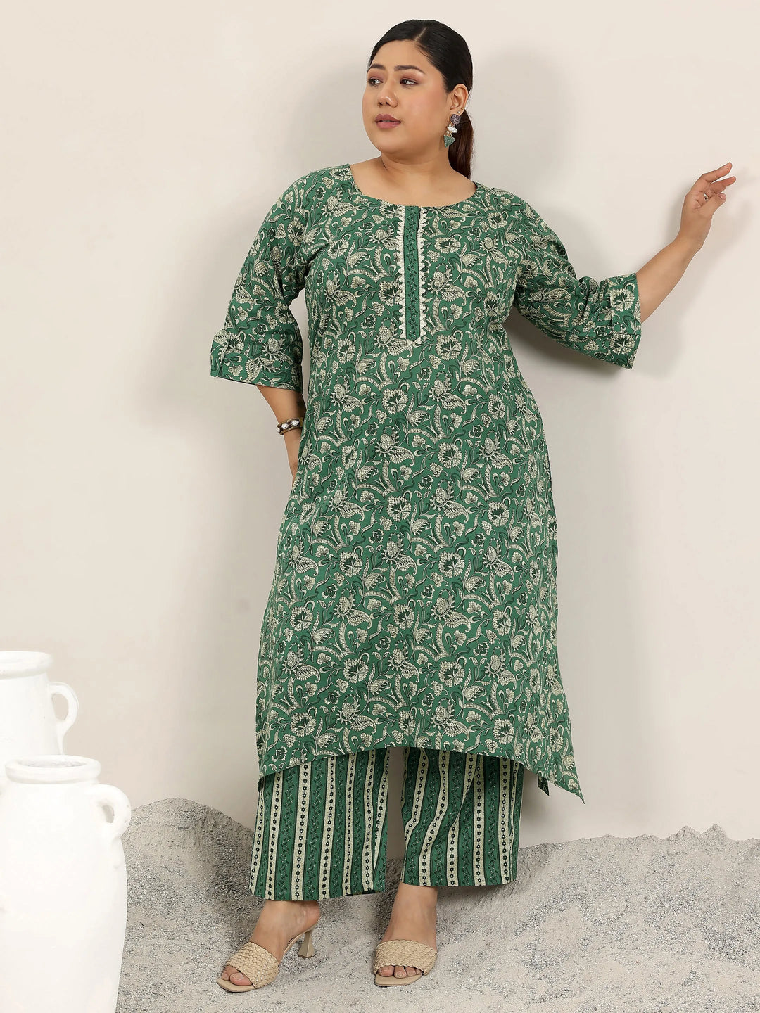  Plus Size Green Printed Cotton Straight Kurta Set 