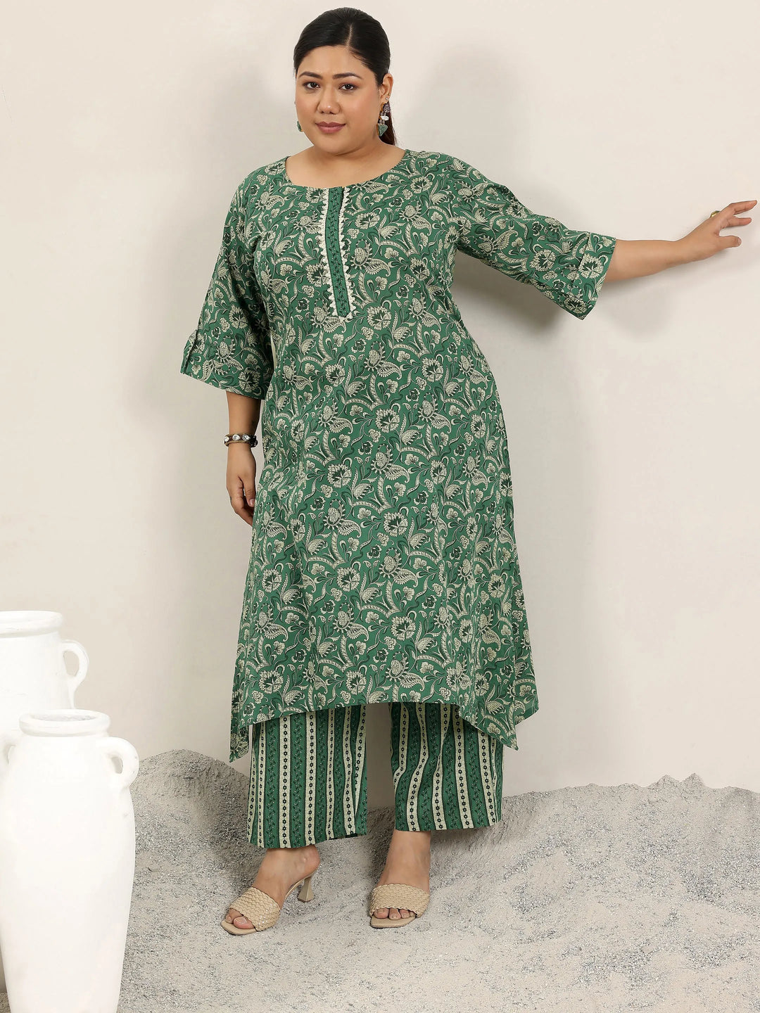  Plus Size Green Printed Cotton Straight Kurta Set 