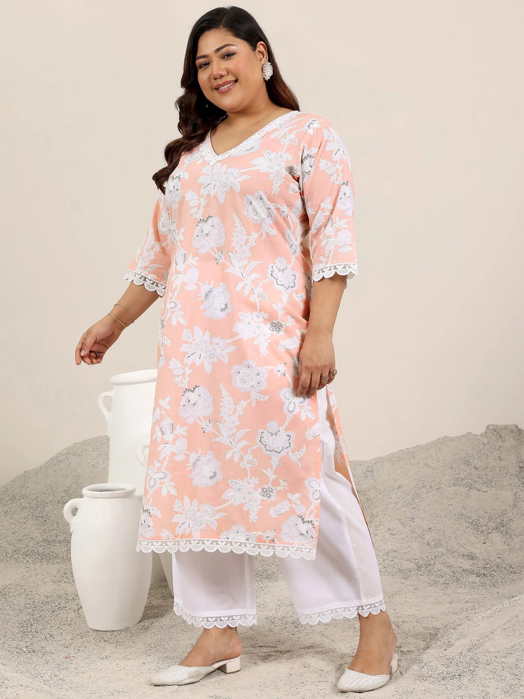  Plus Size Peach Printed Cotton Straight Suit Set With Dupatta 