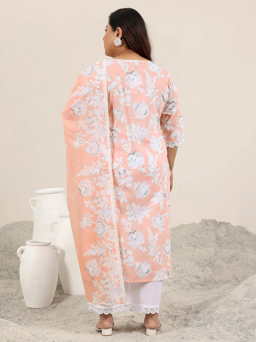  Plus Size Peach Printed Cotton Straight Suit Set With Dupatta 