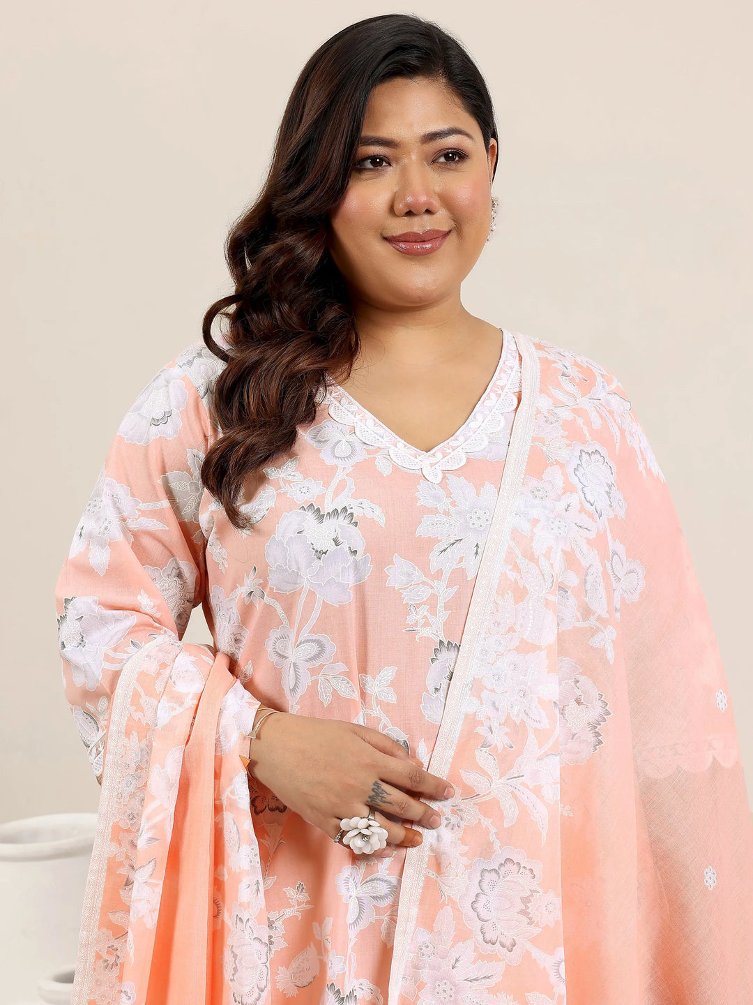  Plus Size Peach Printed Cotton Straight Suit Set With Dupatta 